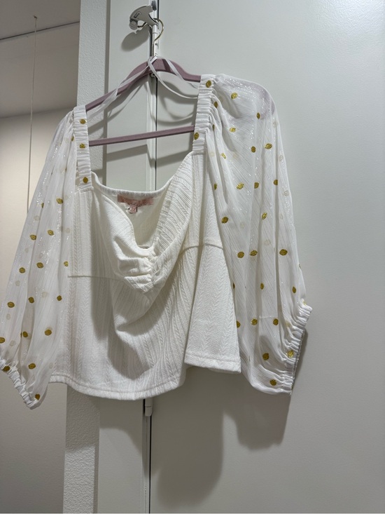 Hutch Tops - Hutch White Crop Top with Sheer Gold Dot Puff Sleeves